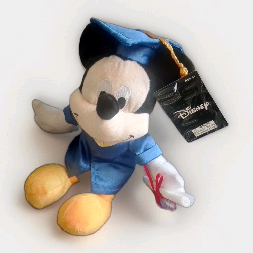 NWT Disney Mickey Mouse Mini Plush Graduation Blue Cap Gown, Diploma Congrats